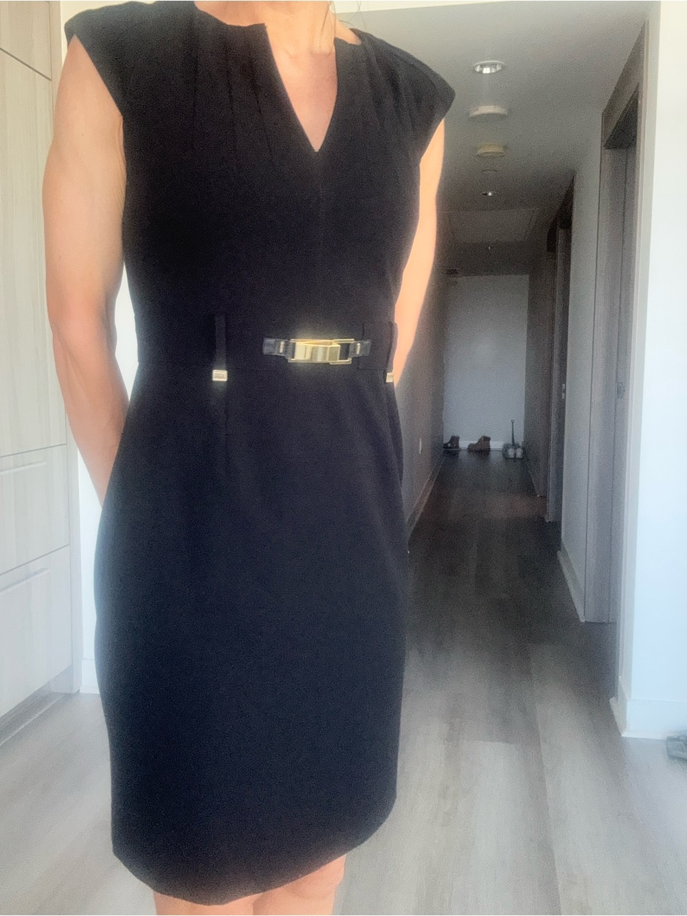 Calvin Klein Black Midi Sheath Dress with Gold Buckle